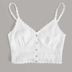 Appliques Button Front Shirred Back Crop Cami Top